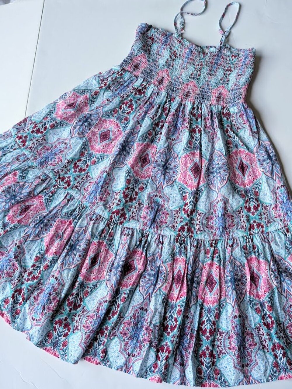 Gap Kids floral pink multi color geo smocked baby doll dress Label size: XXL